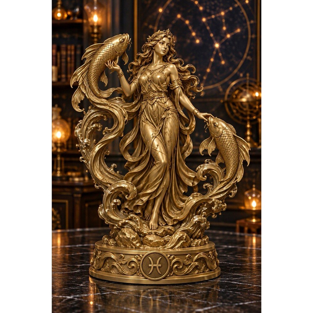 Gold Pisces Zodiac Figurine Statue with Two Fish 3D Printed Resin Figurines 7 in
